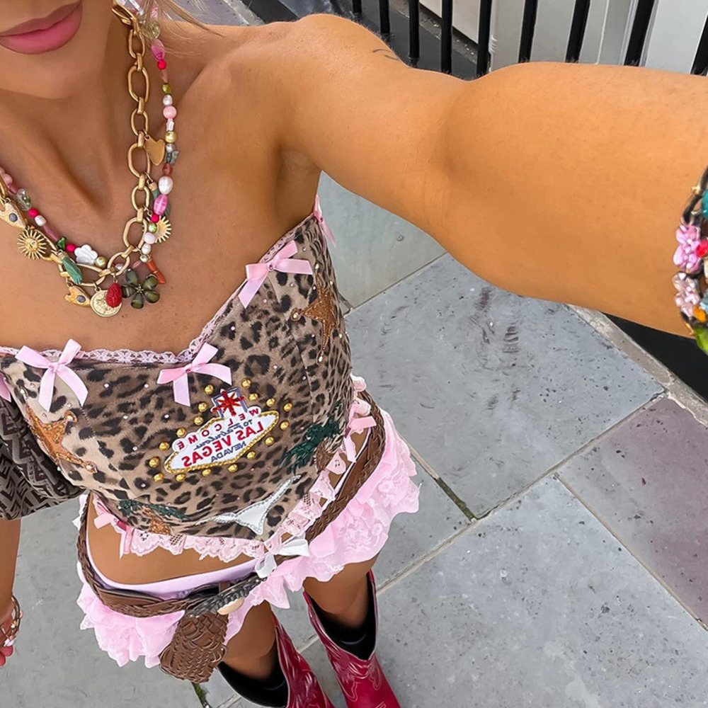 ZARA Summer Fresh Sweet Bow Leopard Print Backless Fitted Tank Top